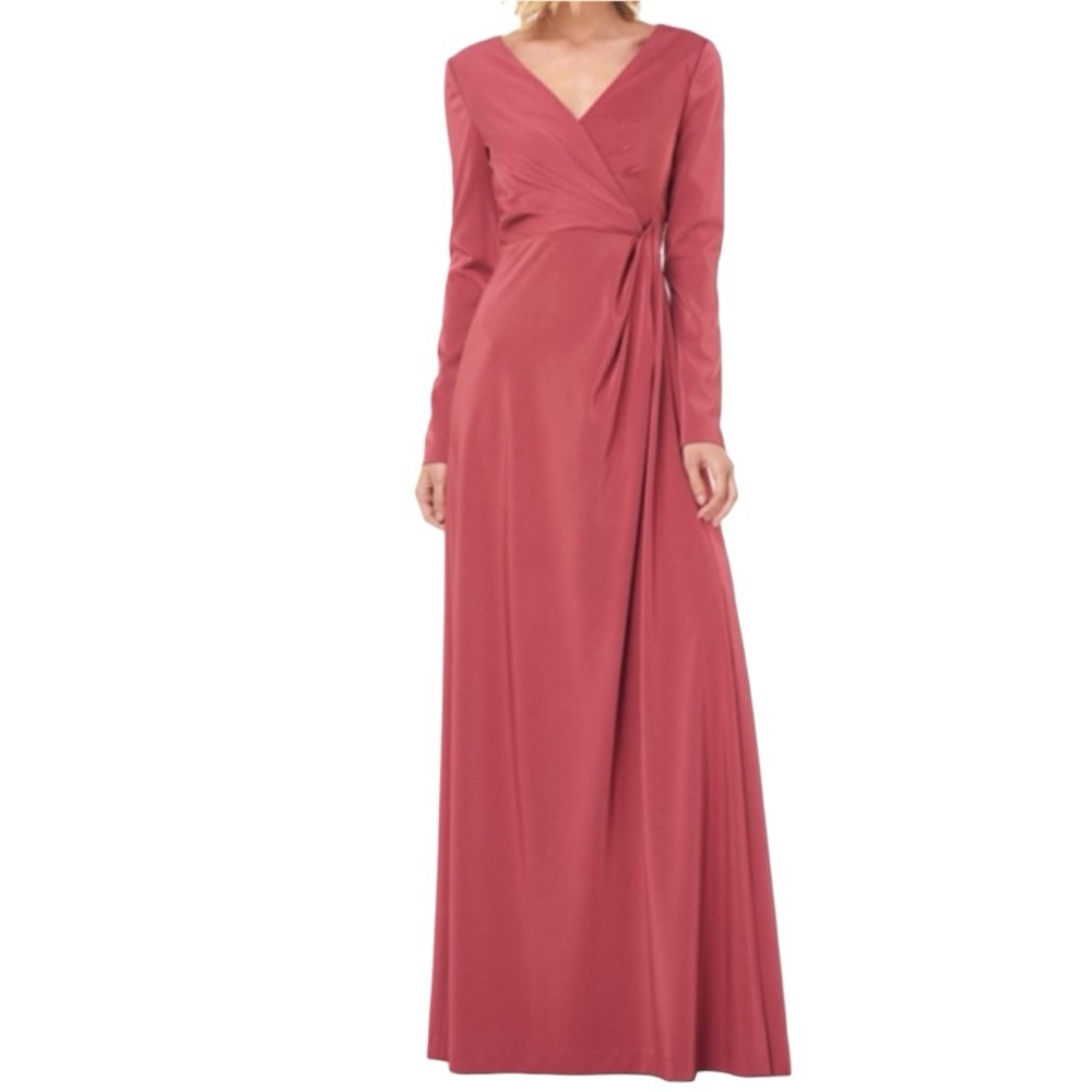KAY UNGER Adelina Draped Wrap High Cut Slit Long Sleeve Gown Dress, Rose, Size 6
